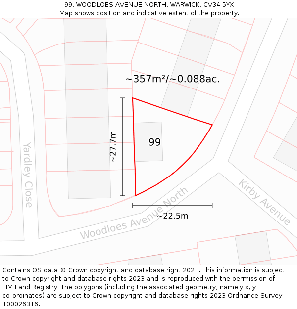 99, WOODLOES AVENUE NORTH, WARWICK, CV34 5YX: Plot and title map