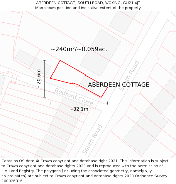 ABERDEEN COTTAGE, SOUTH ROAD, WOKING, GU21 4JT: Plot and title map