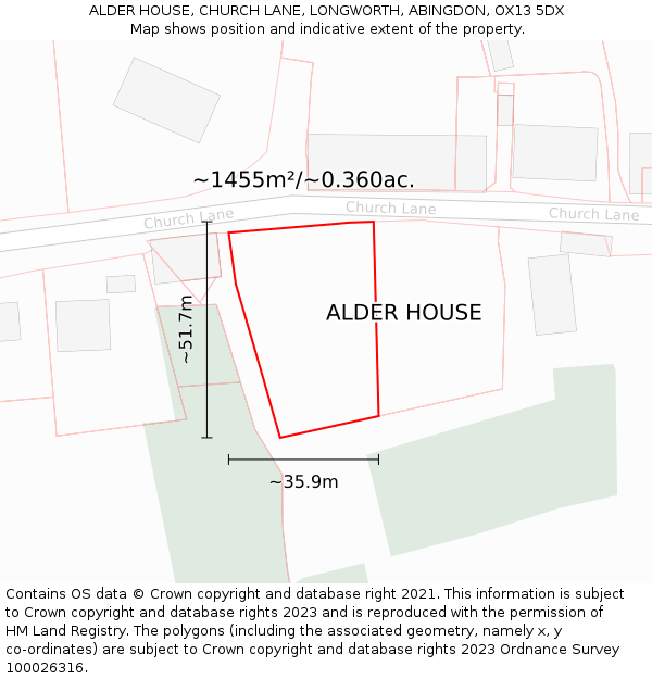 ALDER HOUSE, CHURCH LANE, LONGWORTH, ABINGDON, OX13 5DX: Plot and title map