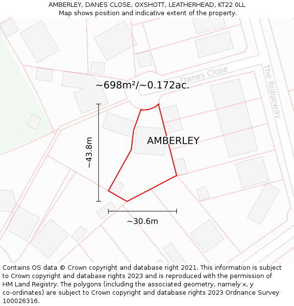AMBERLEY, DANES CLOSE, OXSHOTT, LEATHERHEAD, KT22 0LL: Plot and title map