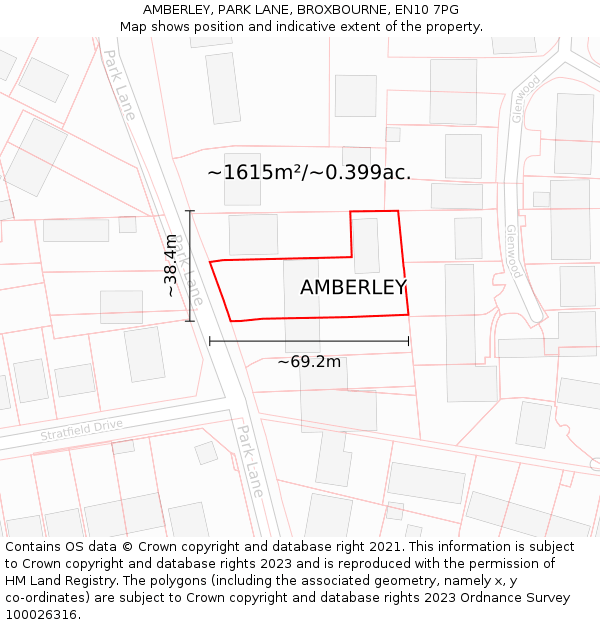 AMBERLEY, PARK LANE, BROXBOURNE, EN10 7PG: Plot and title map