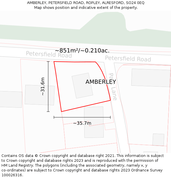 AMBERLEY, PETERSFIELD ROAD, ROPLEY, ALRESFORD, SO24 0EQ: Plot and title map