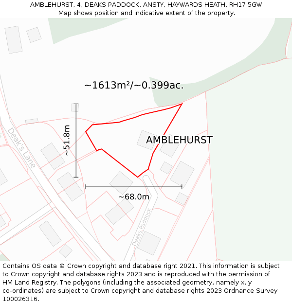 AMBLEHURST, 4, DEAKS PADDOCK, ANSTY, HAYWARDS HEATH, RH17 5GW: Plot and title map