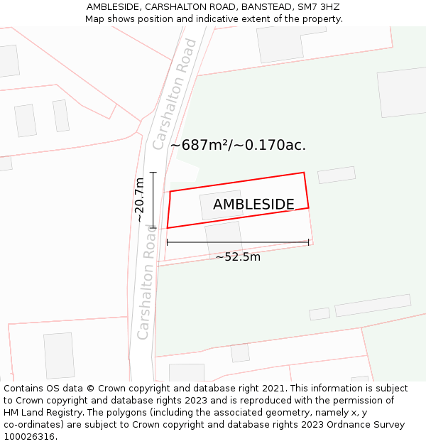 AMBLESIDE, CARSHALTON ROAD, BANSTEAD, SM7 3HZ: Plot and title map