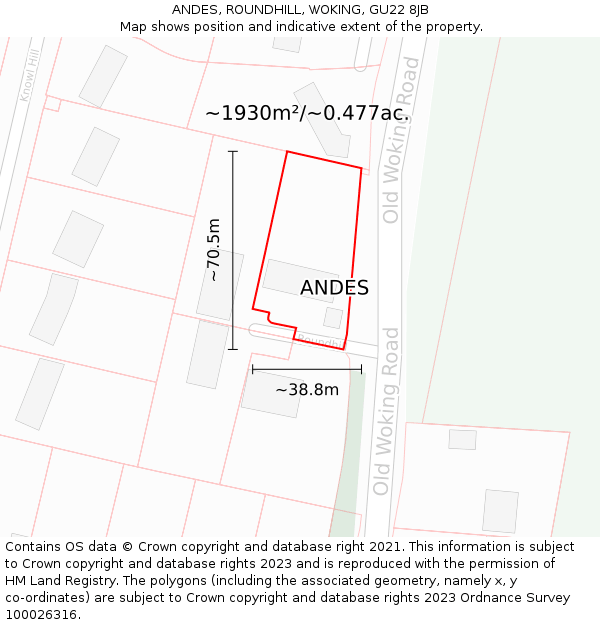 ANDES, ROUNDHILL, WOKING, GU22 8JB: Plot and title map