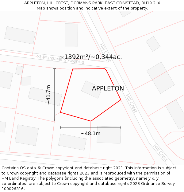 APPLETON, HILLCREST, DORMANS PARK, EAST GRINSTEAD, RH19 2LX: Plot and title map