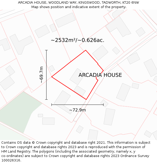 ARCADIA HOUSE, WOODLAND WAY, KINGSWOOD, TADWORTH, KT20 6NW: Plot and title map