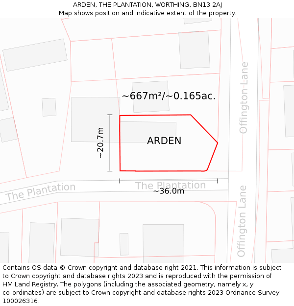 ARDEN, THE PLANTATION, WORTHING, BN13 2AJ: Plot and title map