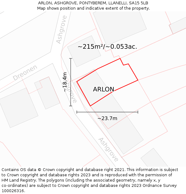 ARLON, ASHGROVE, PONTYBEREM, LLANELLI, SA15 5LB: Plot and title map