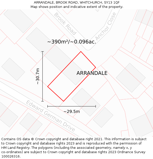 ARRANDALE, BROOK ROAD, WHITCHURCH, SY13 1QF: Plot and title map