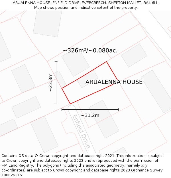 ARUALENNA HOUSE, ENFIELD DRIVE, EVERCREECH, SHEPTON MALLET, BA4 6LL: Plot and title map