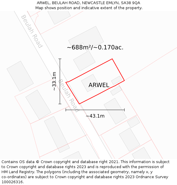 ARWEL, BEULAH ROAD, NEWCASTLE EMLYN, SA38 9QA: Plot and title map