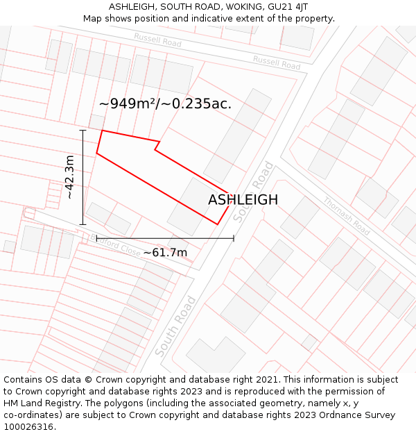 ASHLEIGH, SOUTH ROAD, WOKING, GU21 4JT: Plot and title map