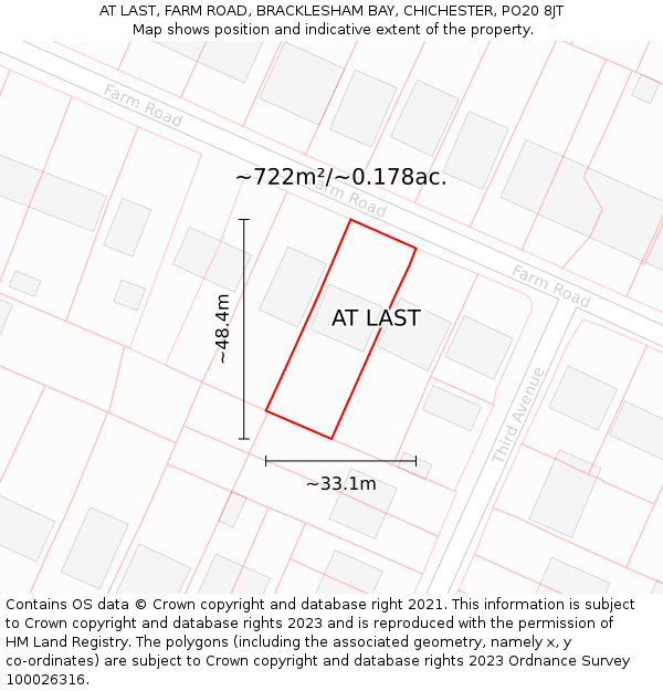 AT LAST, FARM ROAD, BRACKLESHAM BAY, CHICHESTER, PO20 8JT: Plot and title map