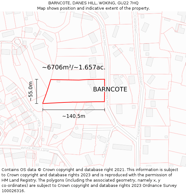 BARNCOTE, DANES HILL, WOKING, GU22 7HQ: Plot and title map