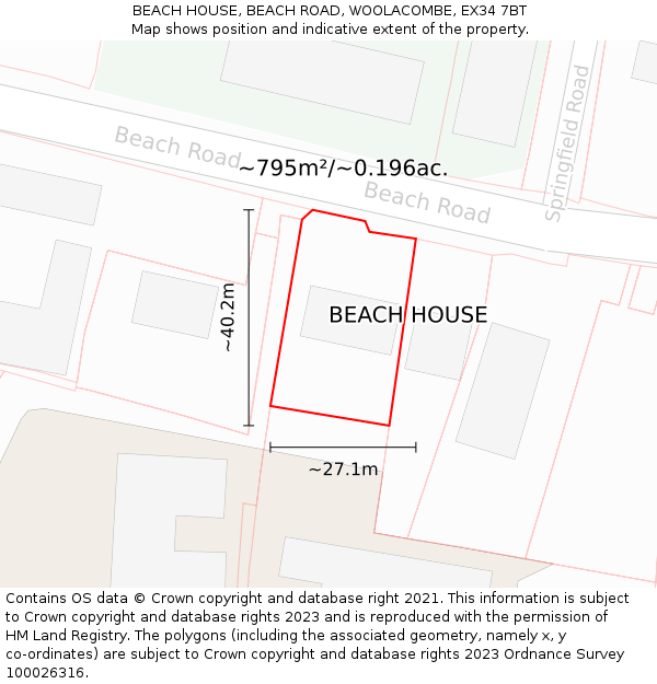 BEACH HOUSE, BEACH ROAD, WOOLACOMBE, EX34 7BT: Plot and title map