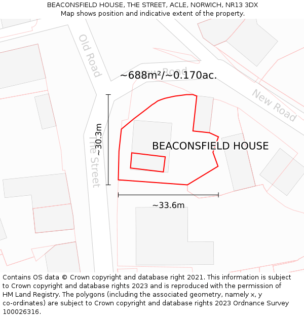 BEACONSFIELD HOUSE, THE STREET, ACLE, NORWICH, NR13 3DX: Plot and title map