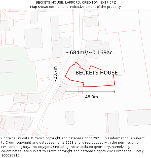 BECKETS HOUSE, LAPFORD, CREDITON, EX17 6PZ: Plot and title map