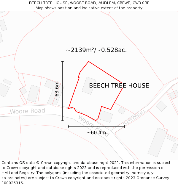 BEECH TREE HOUSE, WOORE ROAD, AUDLEM, CREWE, CW3 0BP: Plot and title map