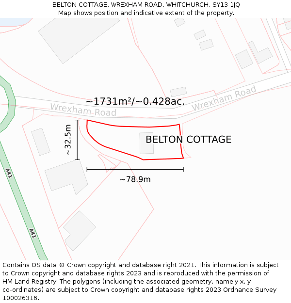 BELTON COTTAGE, WREXHAM ROAD, WHITCHURCH, SY13 1JQ: Plot and title map