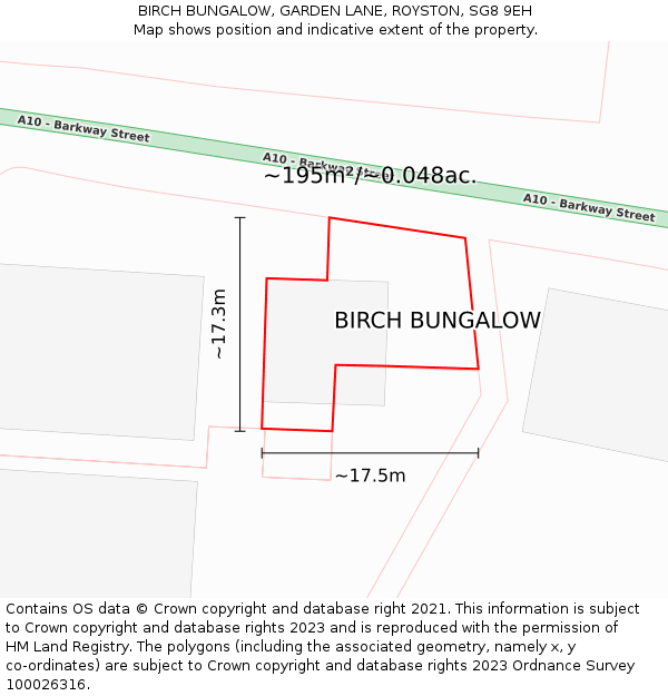 BIRCH BUNGALOW, GARDEN LANE, ROYSTON, SG8 9EH: Plot and title map