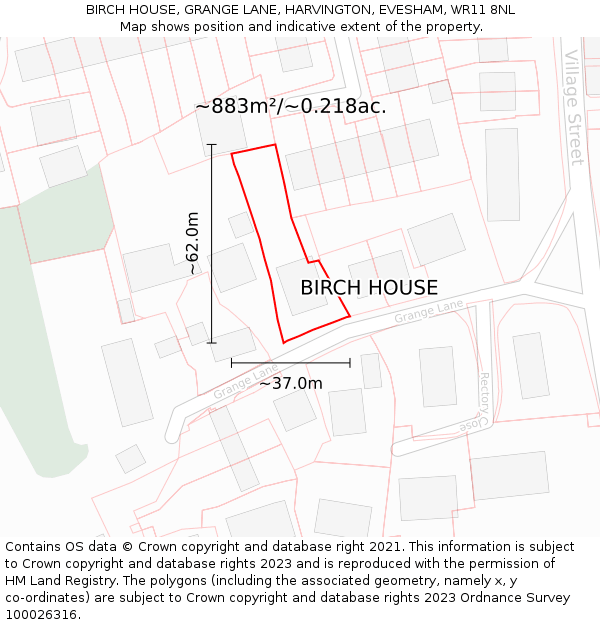 BIRCH HOUSE, GRANGE LANE, HARVINGTON, EVESHAM, WR11 8NL: Plot and title map