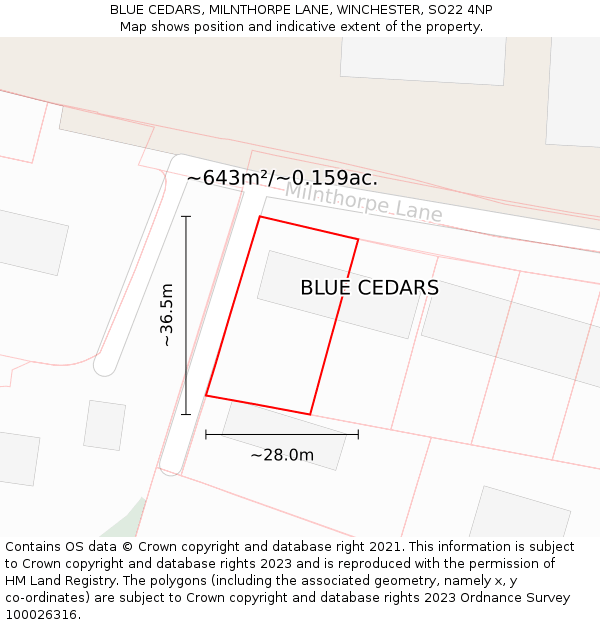 BLUE CEDARS, MILNTHORPE LANE, WINCHESTER, SO22 4NP: Plot and title map
