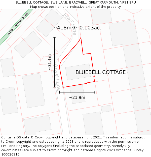 BLUEBELL COTTAGE, JEWS LANE, BRADWELL, GREAT YARMOUTH, NR31 8PU: Plot and title map