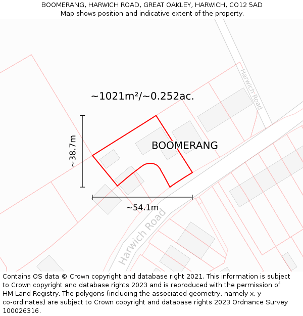 BOOMERANG, HARWICH ROAD, GREAT OAKLEY, HARWICH, CO12 5AD: Plot and title map