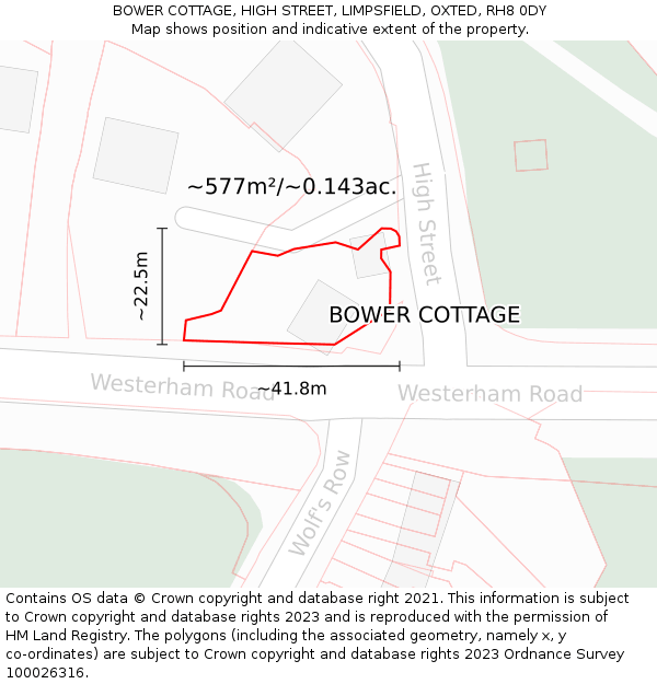 BOWER COTTAGE, HIGH STREET, LIMPSFIELD, OXTED, RH8 0DY: Plot and title map