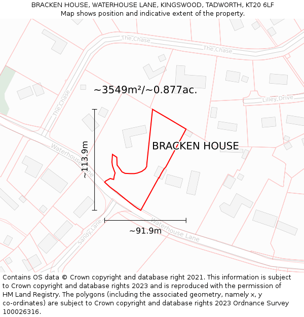 BRACKEN HOUSE, WATERHOUSE LANE, KINGSWOOD, TADWORTH, KT20 6LF: Plot and title map