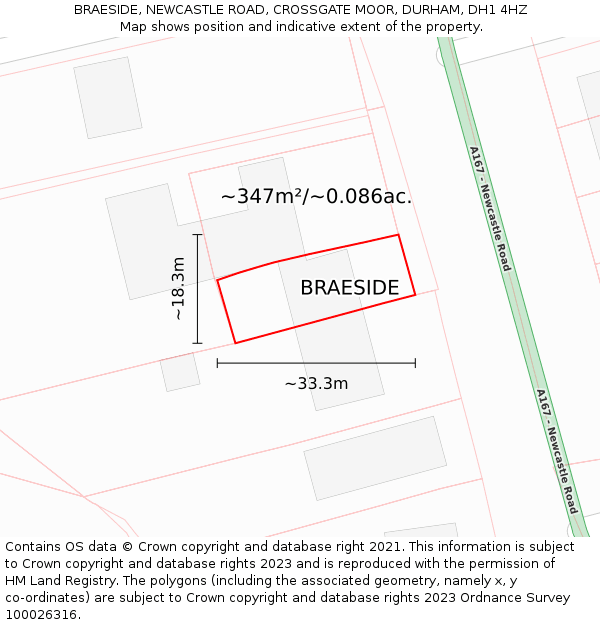 BRAESIDE, NEWCASTLE ROAD, CROSSGATE MOOR, DURHAM, DH1 4HZ: Plot and title map