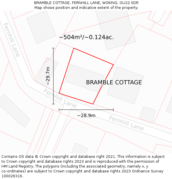 BRAMBLE COTTAGE, FERNHILL LANE, WOKING, GU22 0DR: Plot and title map