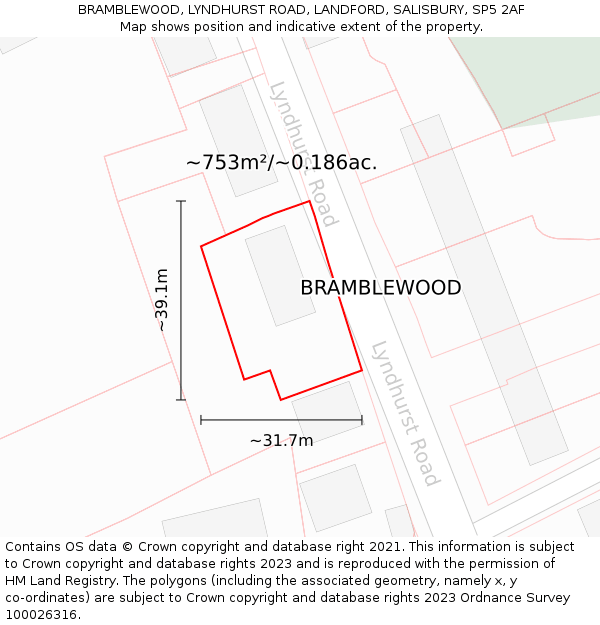 BRAMBLEWOOD, LYNDHURST ROAD, LANDFORD, SALISBURY, SP5 2AF: Plot and title map