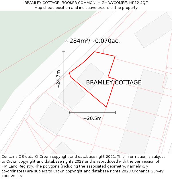 BRAMLEY COTTAGE, BOOKER COMMON, HIGH WYCOMBE, HP12 4QZ: Plot and title map