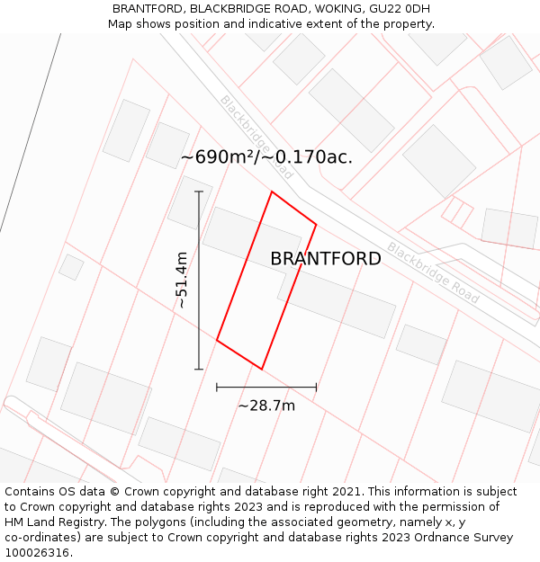 BRANTFORD, BLACKBRIDGE ROAD, WOKING, GU22 0DH: Plot and title map