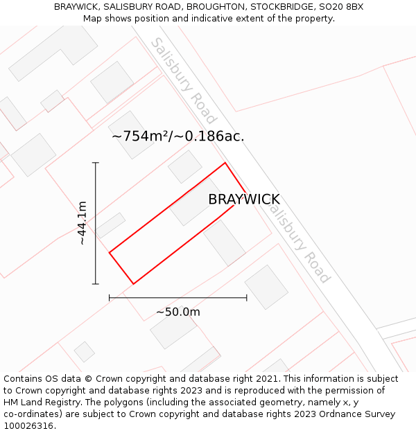 BRAYWICK, SALISBURY ROAD, BROUGHTON, STOCKBRIDGE, SO20 8BX: Plot and title map