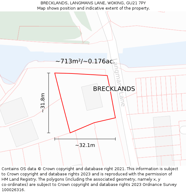 BRECKLANDS, LANGMANS LANE, WOKING, GU21 7PY: Plot and title map