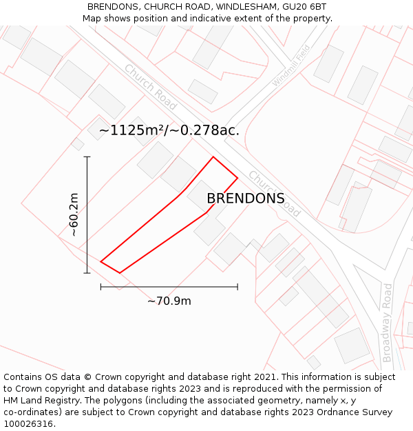 BRENDONS, CHURCH ROAD, WINDLESHAM, GU20 6BT: Plot and title map