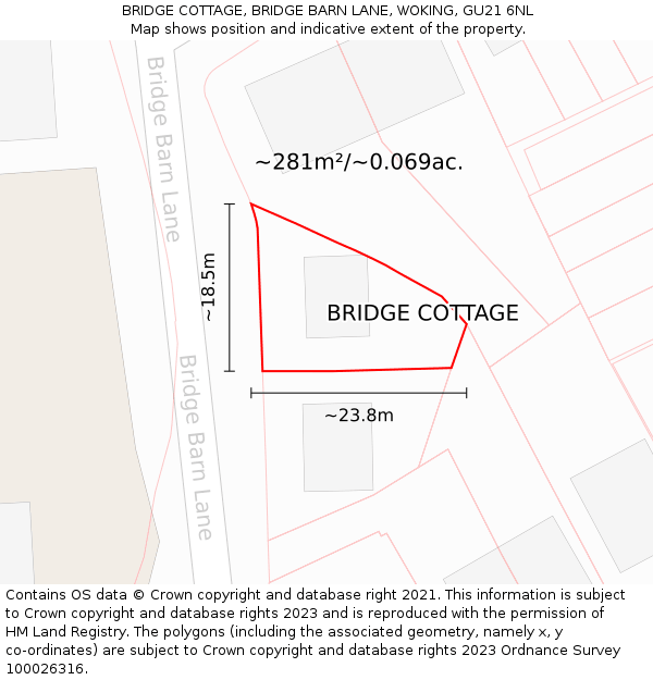 BRIDGE COTTAGE, BRIDGE BARN LANE, WOKING, GU21 6NL: Plot and title map