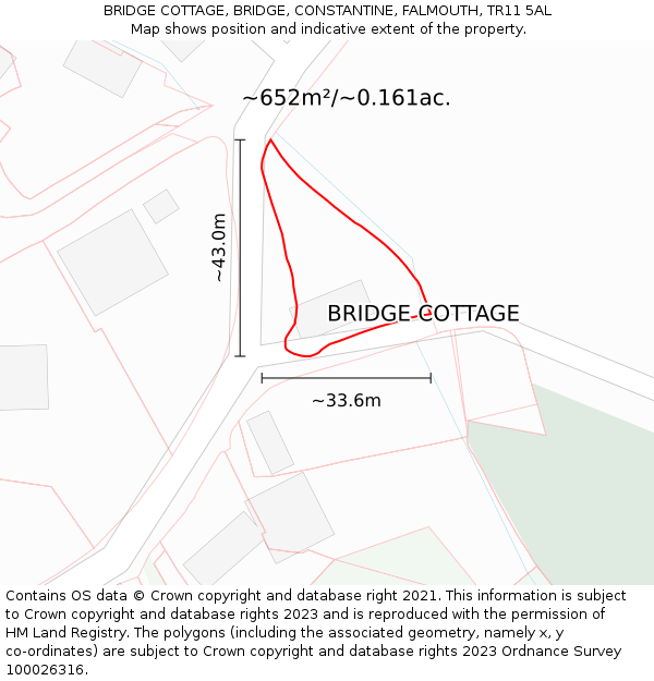 BRIDGE COTTAGE, BRIDGE, CONSTANTINE, FALMOUTH, TR11 5AL: Plot and title map