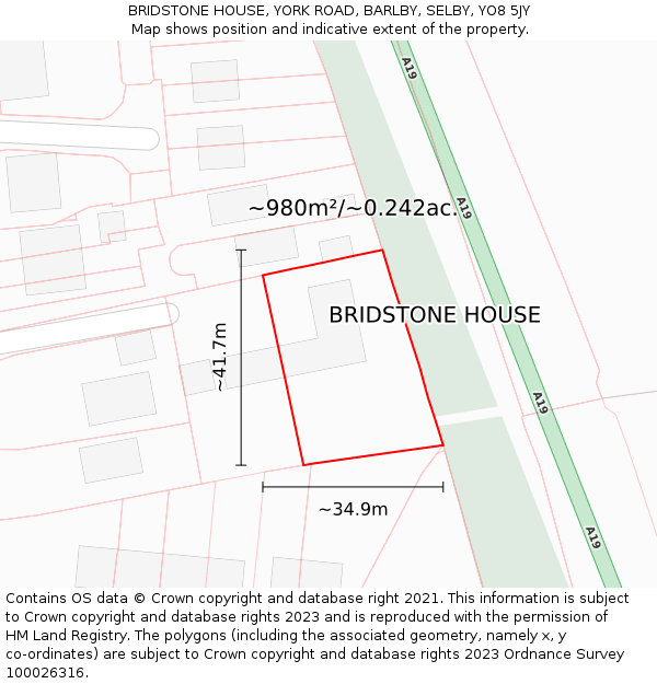 BRIDSTONE HOUSE, YORK ROAD, BARLBY, SELBY, YO8 5JY: Plot and title map