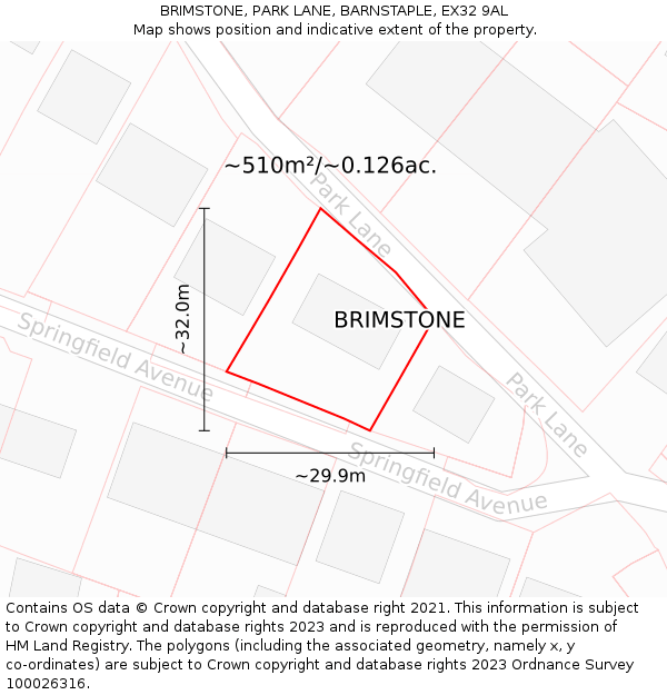 BRIMSTONE, PARK LANE, BARNSTAPLE, EX32 9AL: Plot and title map