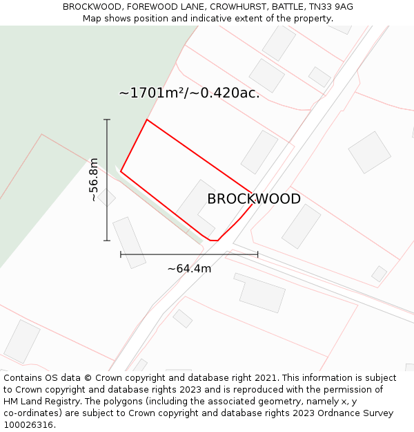 BROCKWOOD, FOREWOOD LANE, CROWHURST, BATTLE, TN33 9AG: Plot and title map