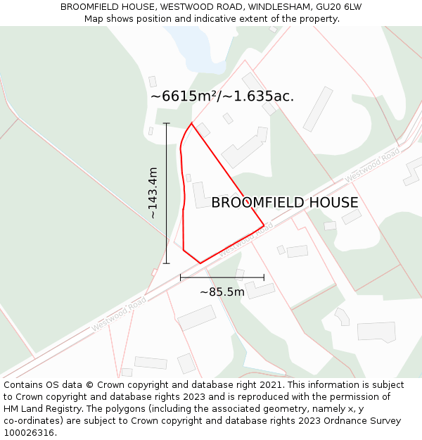 BROOMFIELD HOUSE, WESTWOOD ROAD, WINDLESHAM, GU20 6LW: Plot and title map