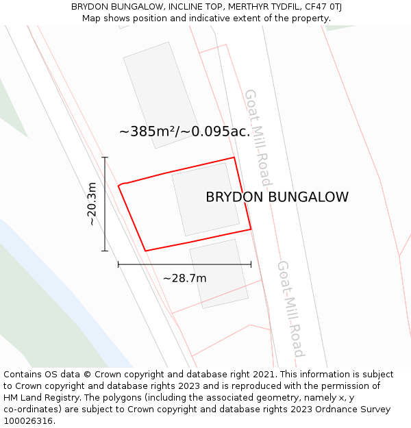 BRYDON BUNGALOW, INCLINE TOP, MERTHYR TYDFIL, CF47 0TJ: Plot and title map