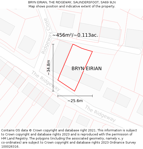 BRYN EIRIAN, THE RIDGEWAY, SAUNDERSFOOT, SA69 9LN: Plot and title map