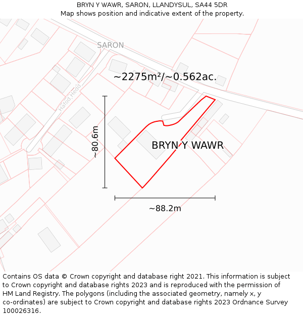 BRYN Y WAWR, SARON, LLANDYSUL, SA44 5DR: Plot and title map