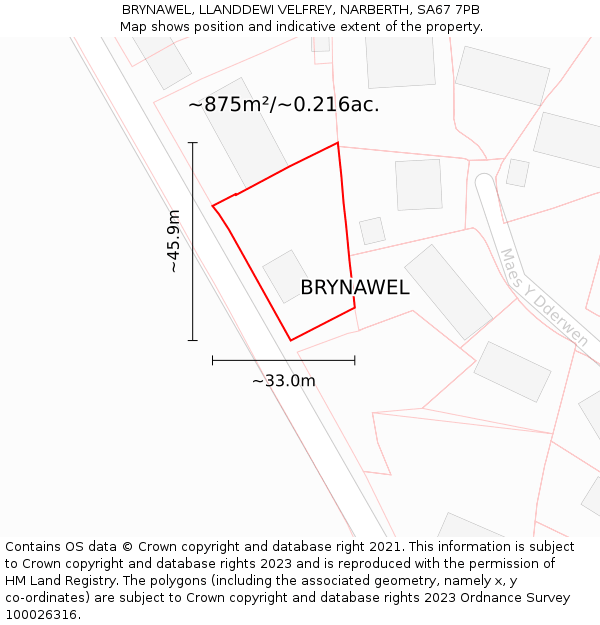 BRYNAWEL, LLANDDEWI VELFREY, NARBERTH, SA67 7PB: Plot and title map