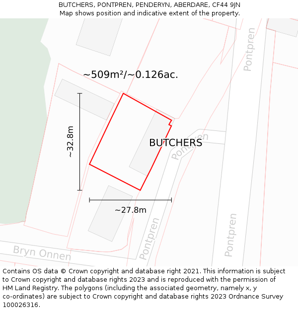 BUTCHERS, PONTPREN, PENDERYN, ABERDARE, CF44 9JN: Plot and title map